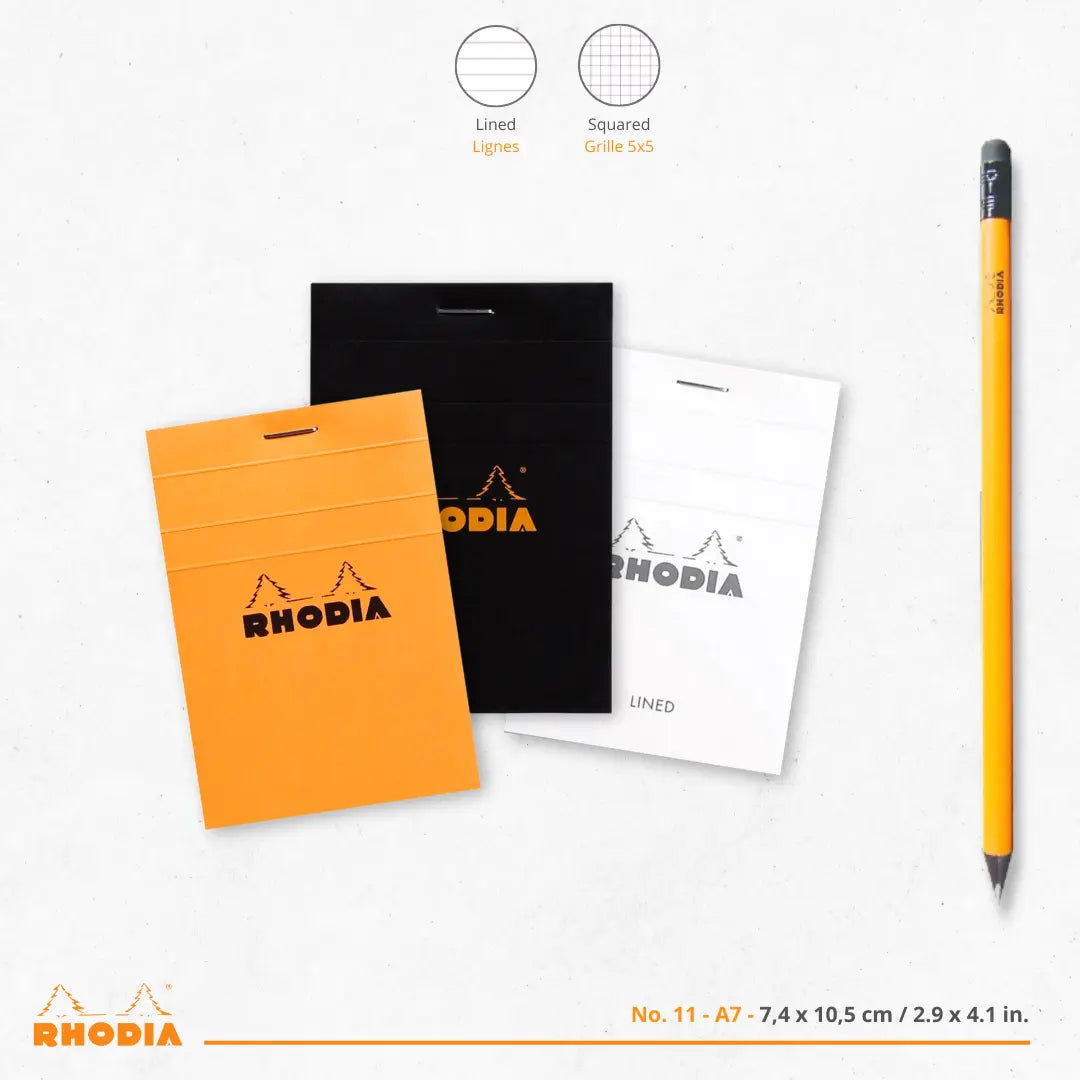 Bloc-notes N°11 agrafé 5/5 -noir- A7. 80 feuilles (7.4x10.5cm) RHODIA