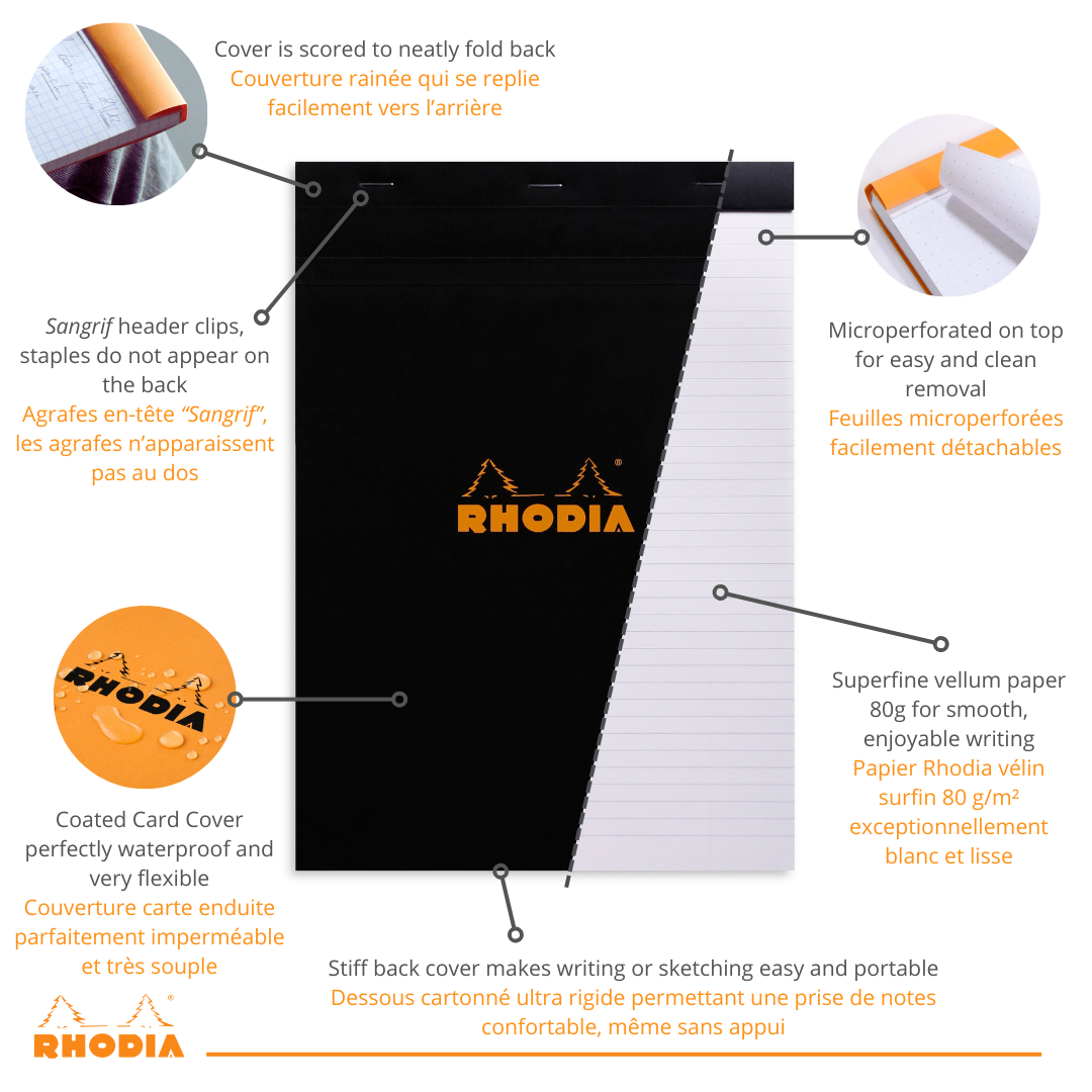 Bloc-notes N°11 agrafé ligné -noir- A7. 80 feuilles (7.4x10.5cm) RHODIA