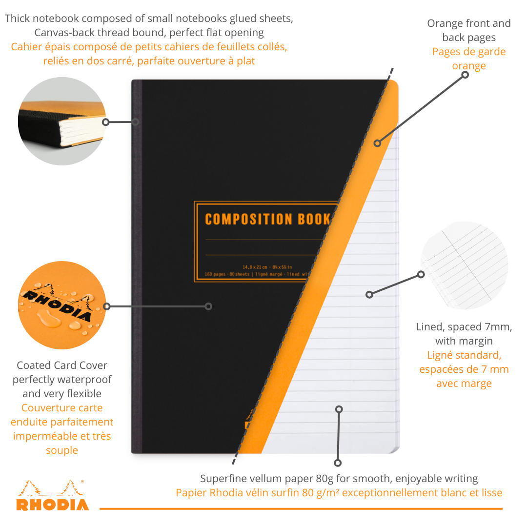 Livre de composition dos cousu ligné+M -black- A5. 160 pages (14.8x21cm) RHODIA