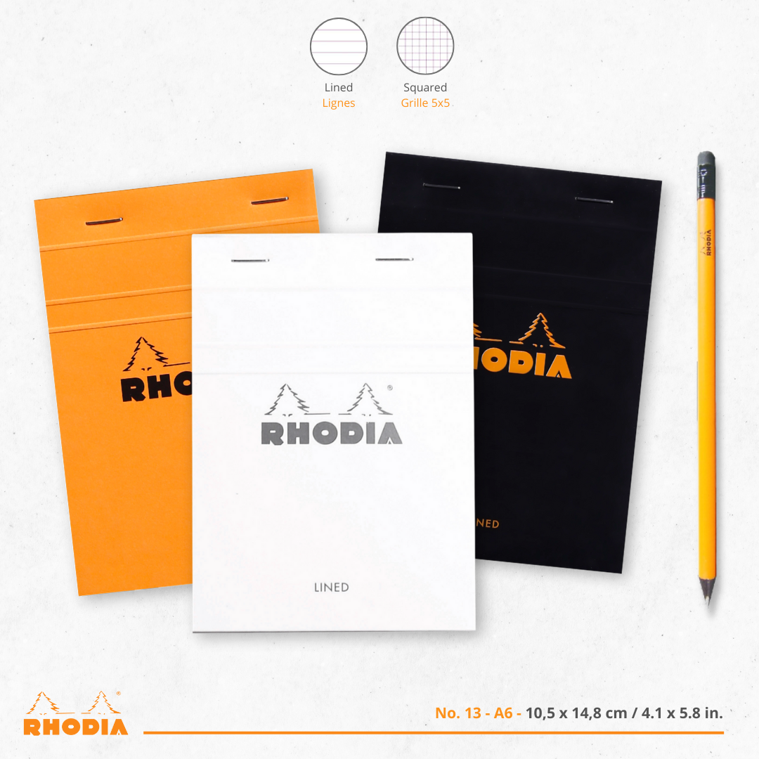 Bloc-notes N°13 agrafé 5/5 -noir- A6. 80 feuilles (10.5x14.8cm) RHODIA