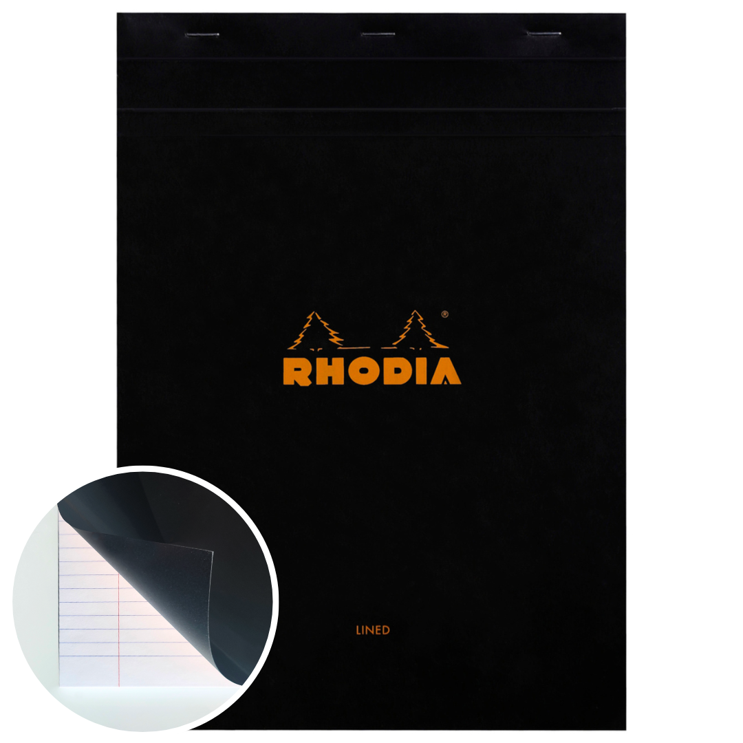 Bloc-notes N°18 agrafé ligné+M -noir- A4. 80 feuilles  (21x29.7cm) RHODIA
