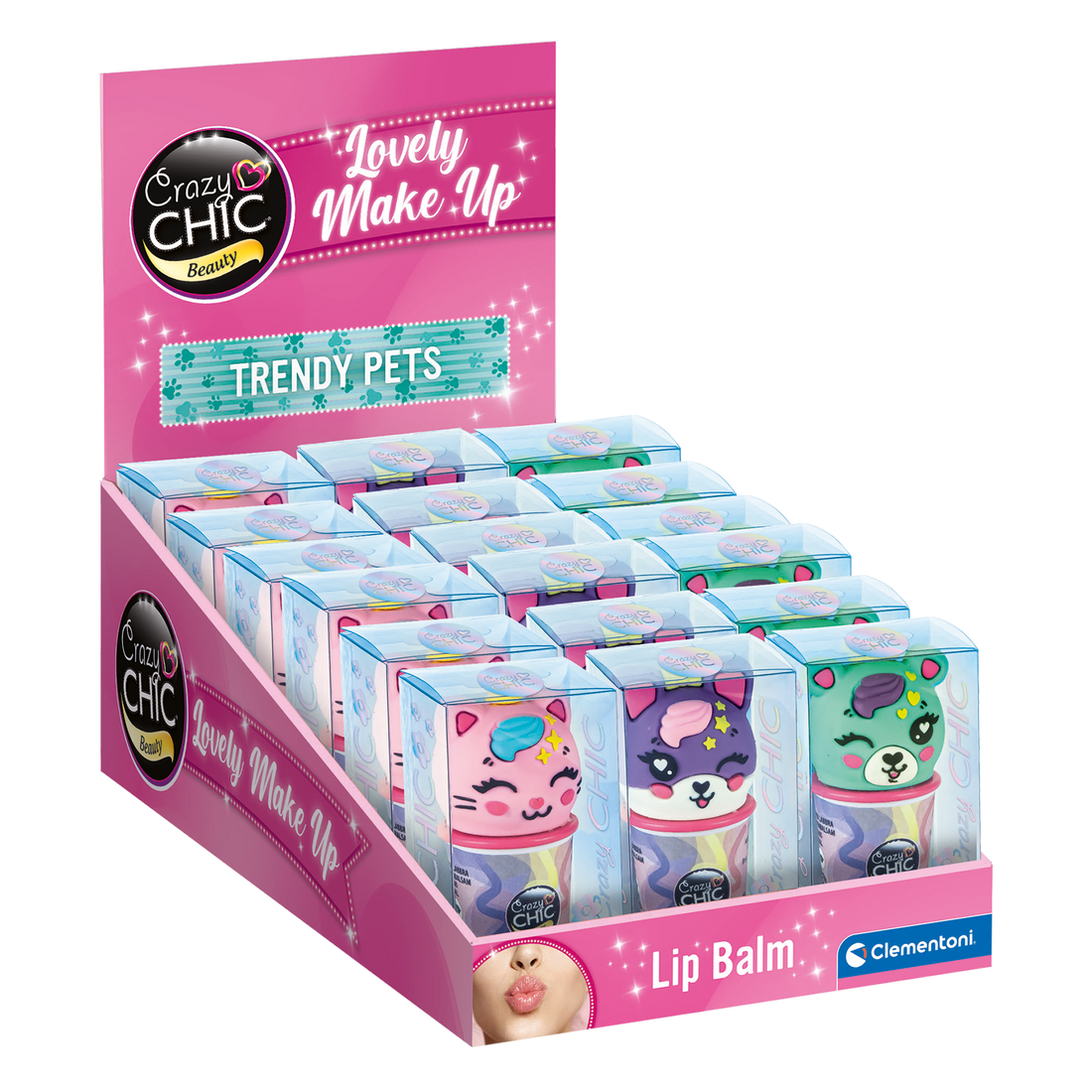 CRAZY CHIC: LOVELY BAUME À LÈVRES - ANIMAUX DE COMPAGNIE TENDANCE (VENDU 18 UNITÉS - 3 MODÈLES) CLEMENTONI