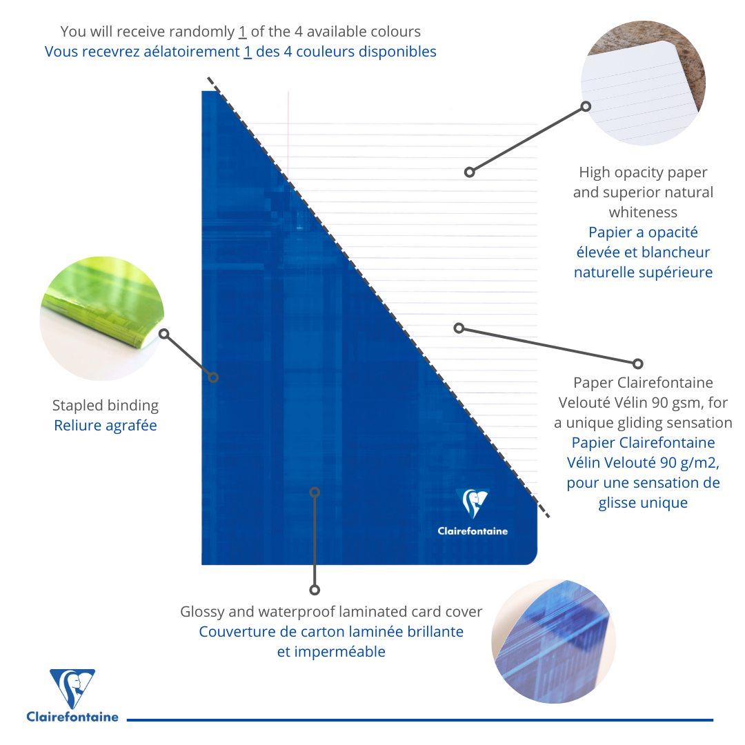 Cahier agrafé ligné+M -assortis- A4. 120 pages (21x29.7cm) CLAIREFONTAINE