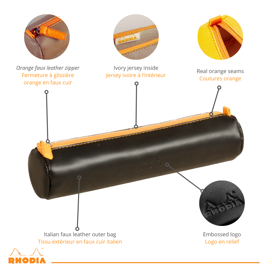 Trousse ronde - simili cuir italien -noir  (21.5x 5cm) RHODIA