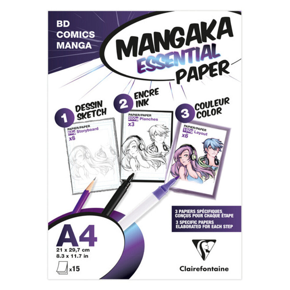 Pochette papier Mangaka Essentials A4 15Sh 3 papiers assortis CLAIREFONTAINE