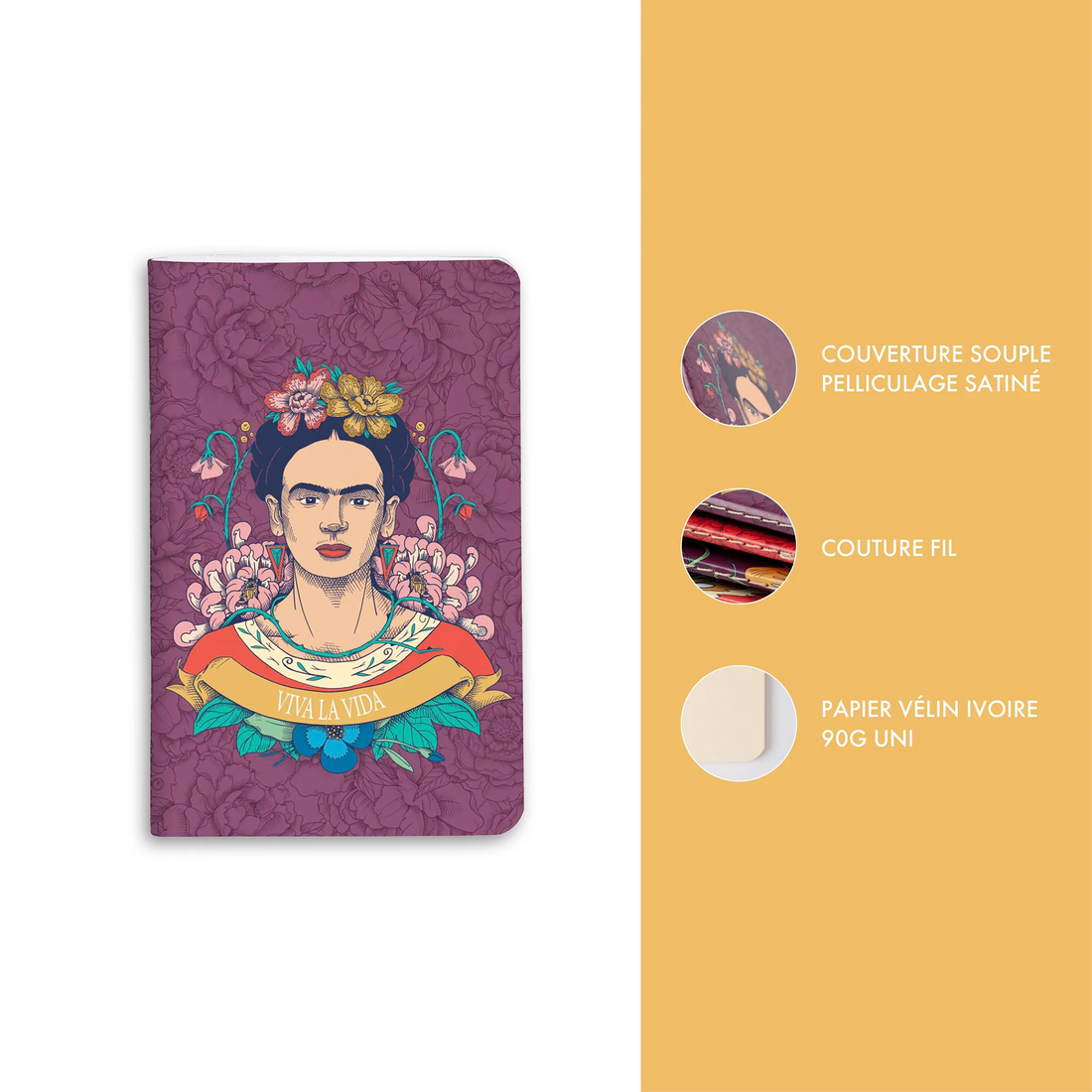 Carnet de notes Frida Kahlo vierge assortis cousu 48 pages 7,5 x 12 cm