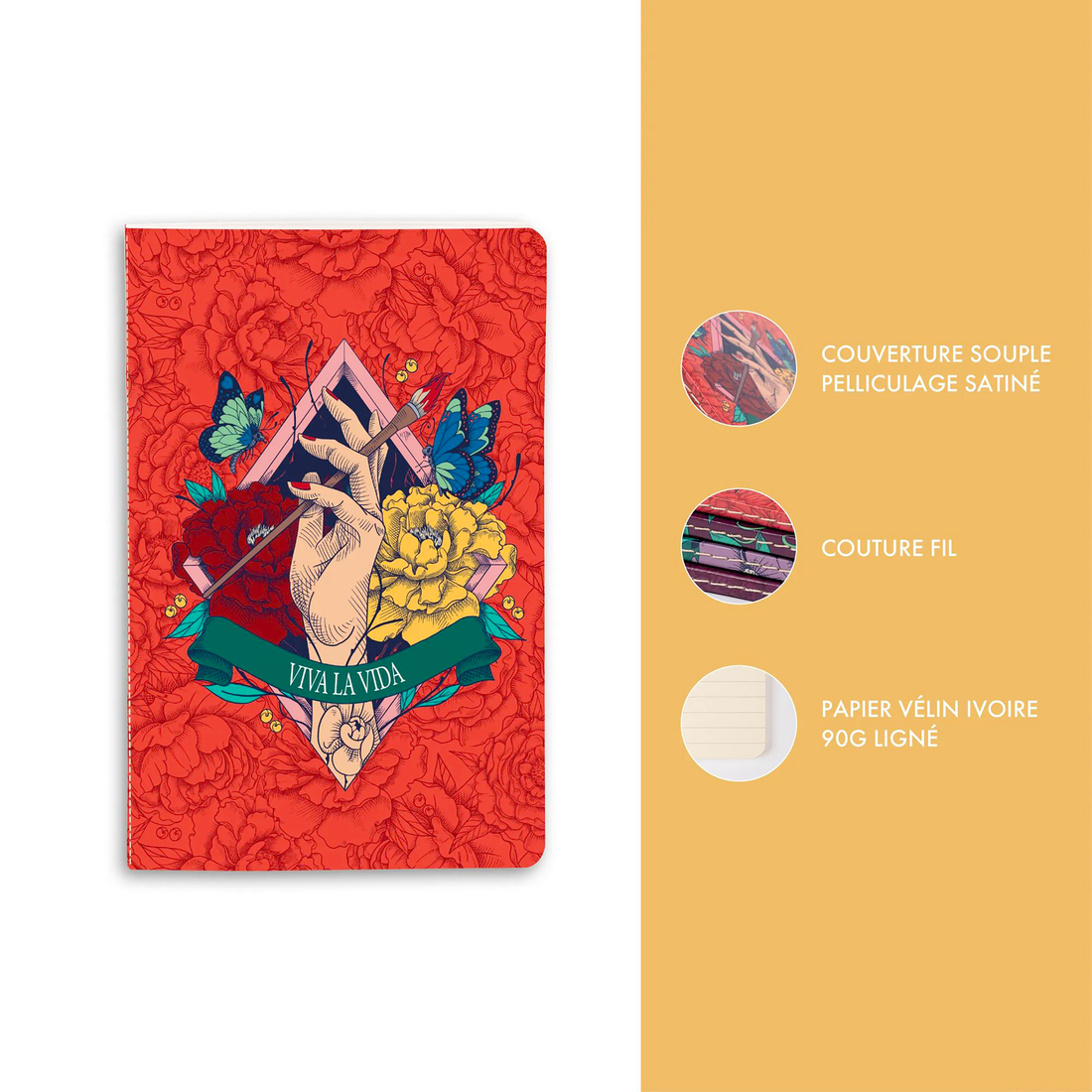 Carnet de notes Frida Kahlo ligné assortis cousu 96 pages 9 x 14 cm