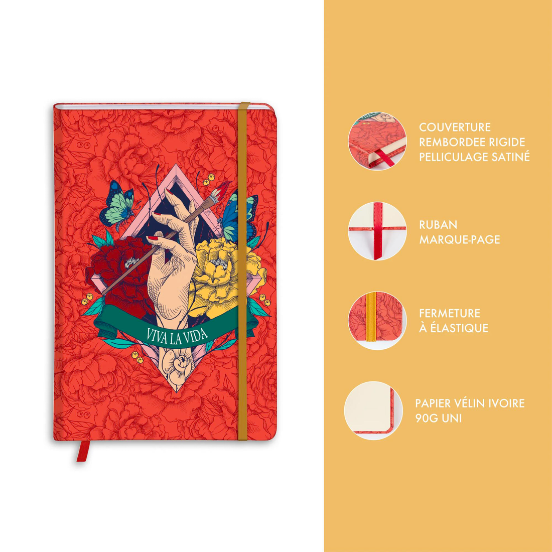Carnet de notes Frida Kahlo vierge assortis rembordé rigide, marque page, fermeture élastique, 160 p