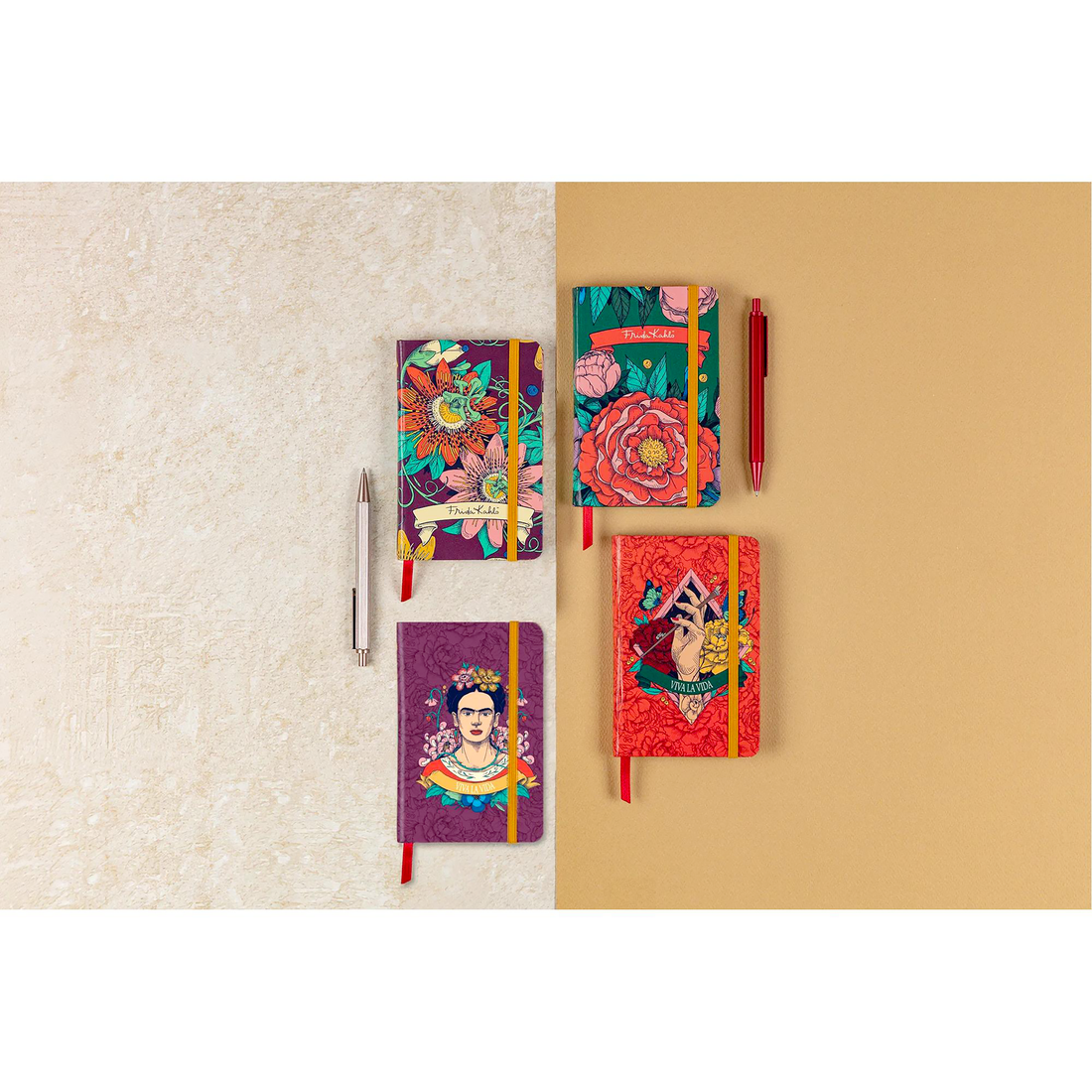 Carnet de notes Frida Kahlo vierge assortis rembordé rigide, marque page, fermeture élastique, 160 p
