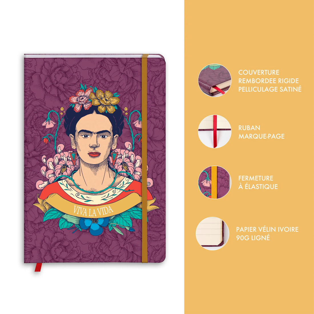 Carnet de notes Frida Kahlo ligné assortis rembordé rigide, marque page, fermeture élastique, 160 pa