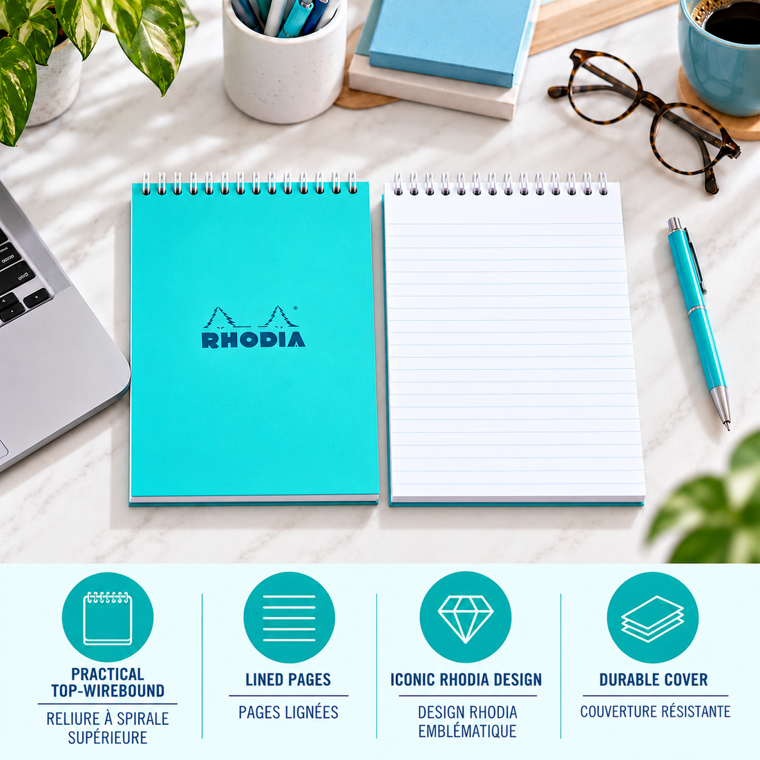 Bloc-notes Rhodia Couleurs ligné spirale azur 80 feuilles A5 (14,8 x 21 cm) - RHODIA
