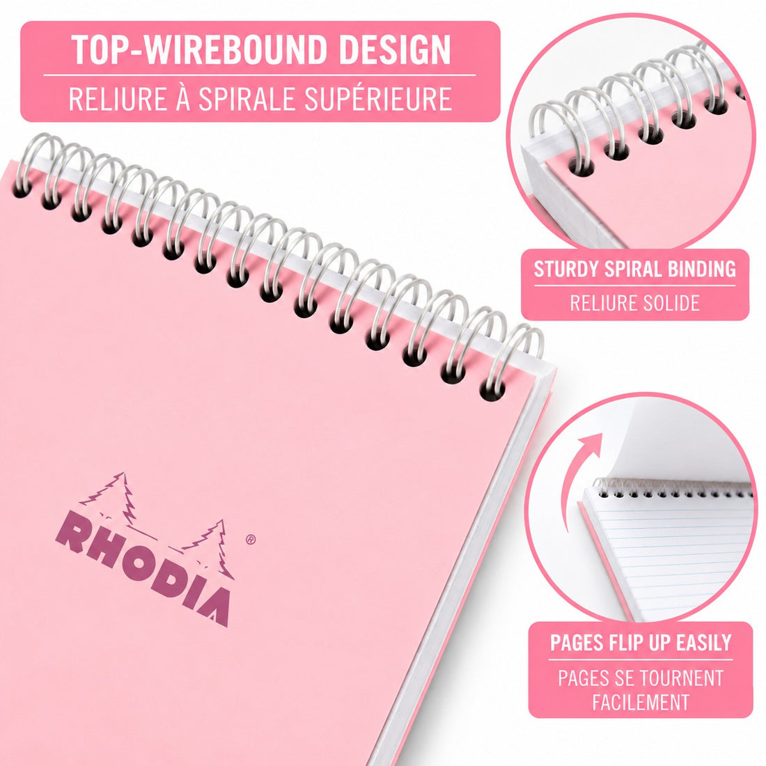 Bloc-notes Rhodia Couleurs ligné spirale rose spirale 80 feuilles A5 (14,8 x 21 cm) - RHODIA