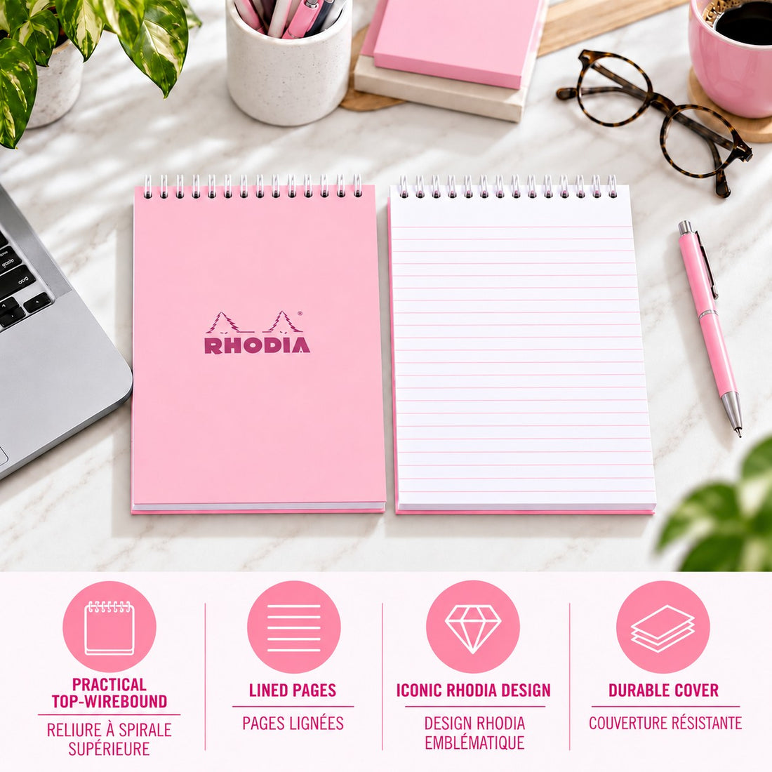 Bloc-notes Rhodia Couleurs ligné spirale rose spirale 80 feuilles A5 (14,8 x 21 cm) - RHODIA