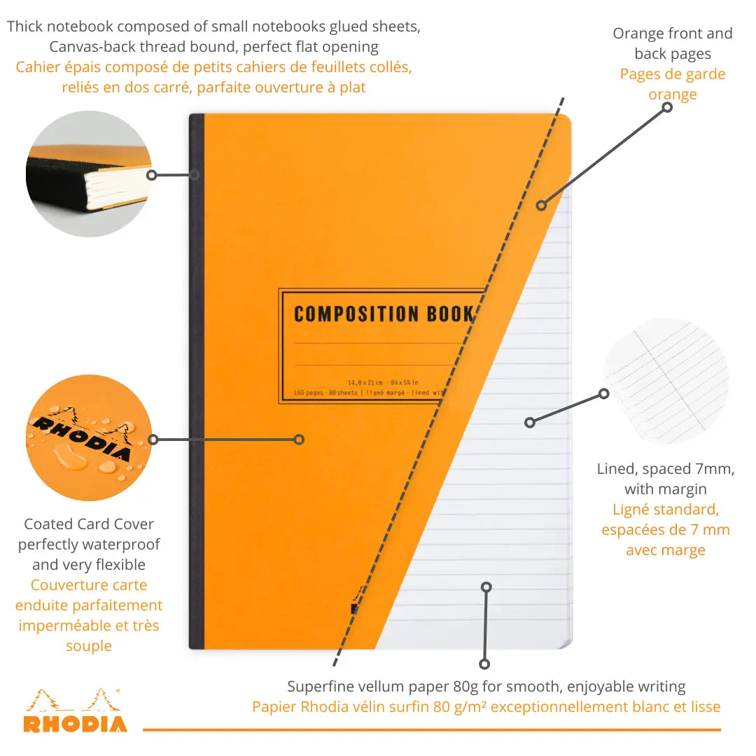 Livre de composition dos cousu ligné+M -orange- A5. 160 pages (14.8x21cm) RHODIA