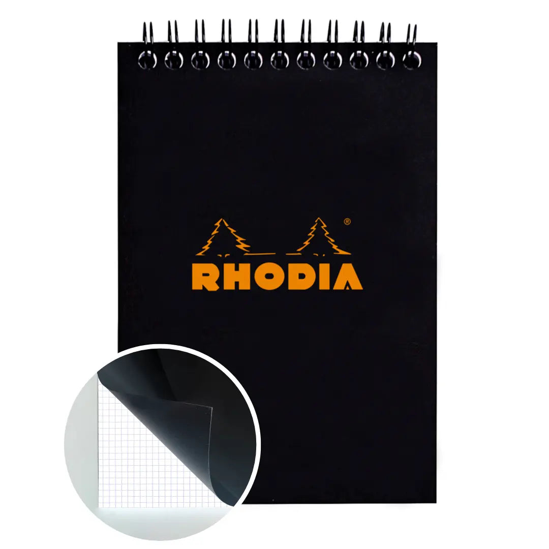 Bloc-notes reliures spirales 5/5 -noir- A6. 80 feuilles (10.5x14.8cm) RHODIA