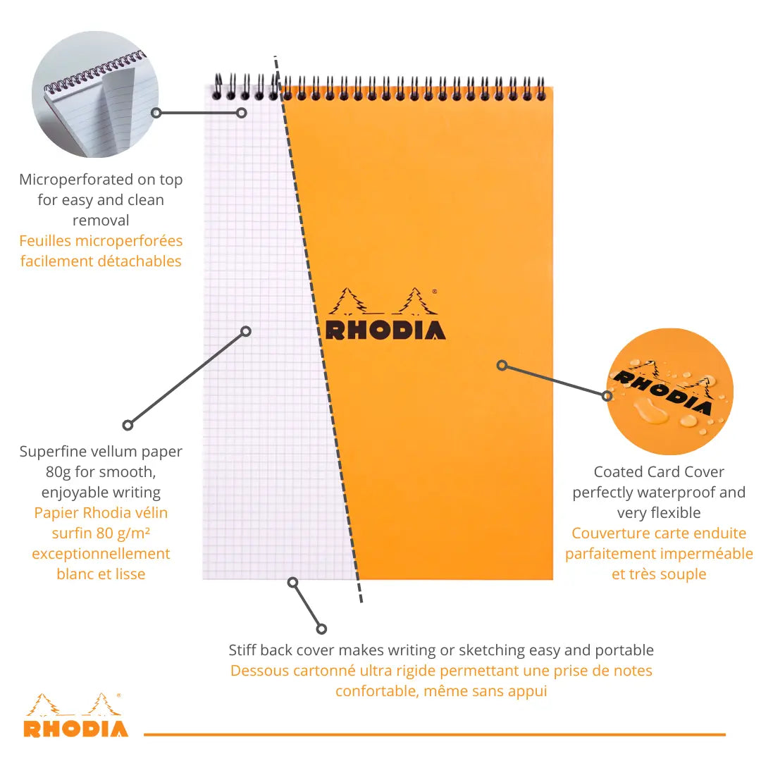 Bloc-notes reliures spirales 5/5 -noir- A6. 80 feuilles (10.5x14.8cm) RHODIA