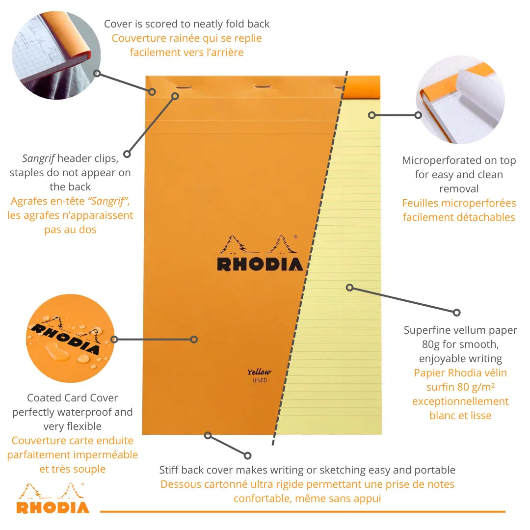 Bloc-notes N°16 agrafé 5/5 -blanc- A5. 80 feuilles jaunes (14.8x21cm) RHODIA