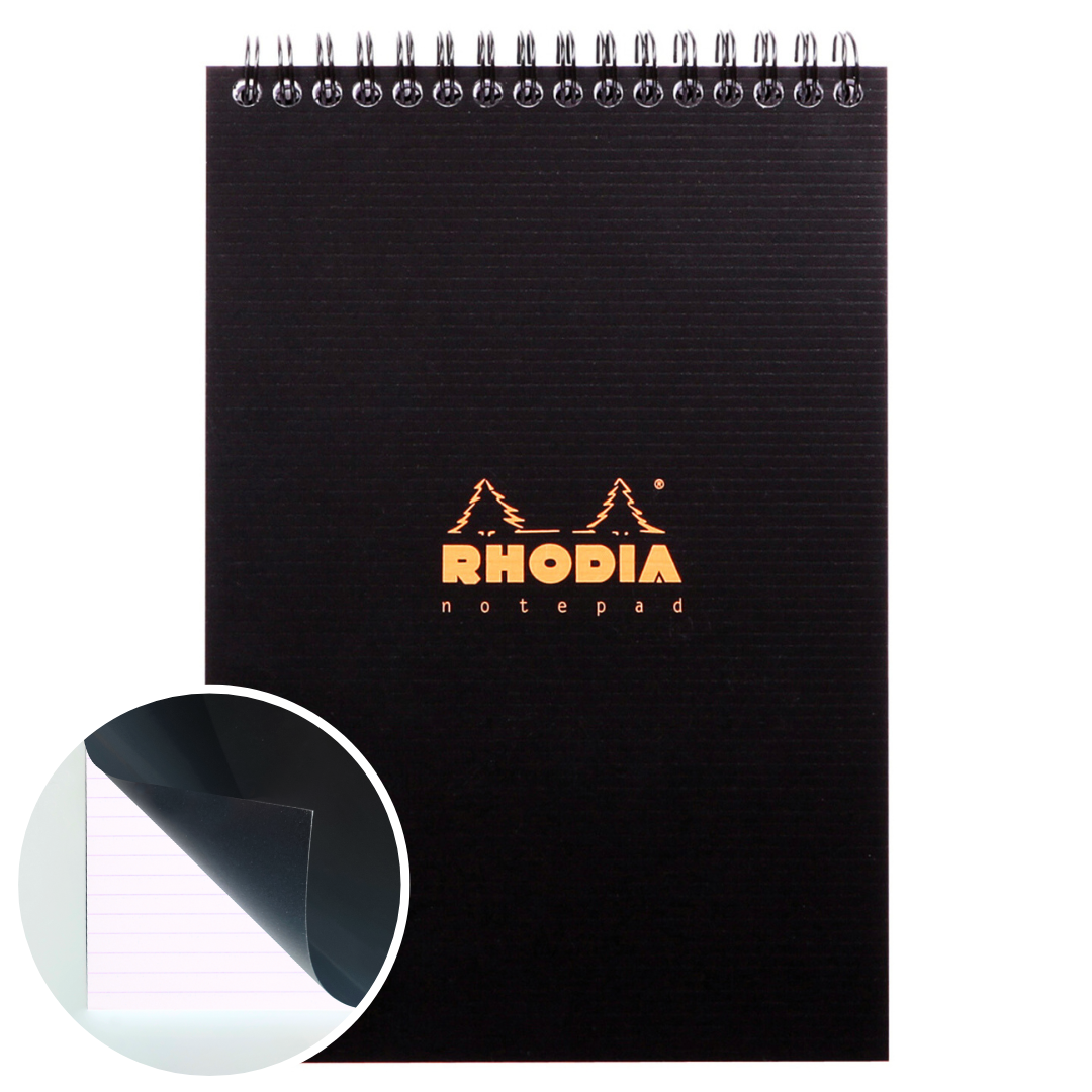Bloc-notes reliures spirales ligné -noir- A5. 80 feuilles (14.8x21cm) RHODIA