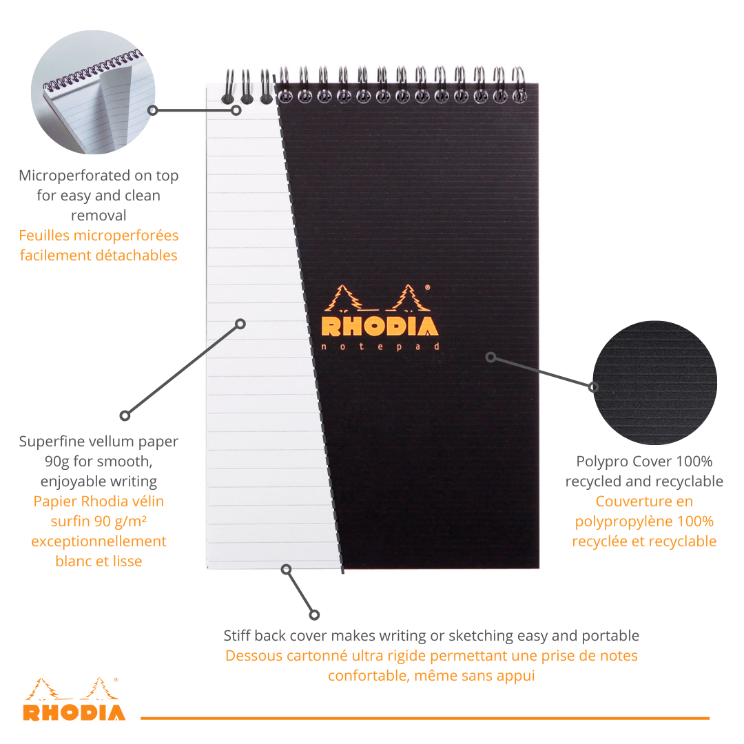 Bloc-notes reliures spirales ligné -noir- A5. 80 feuilles (14.8x21cm) RHODIA