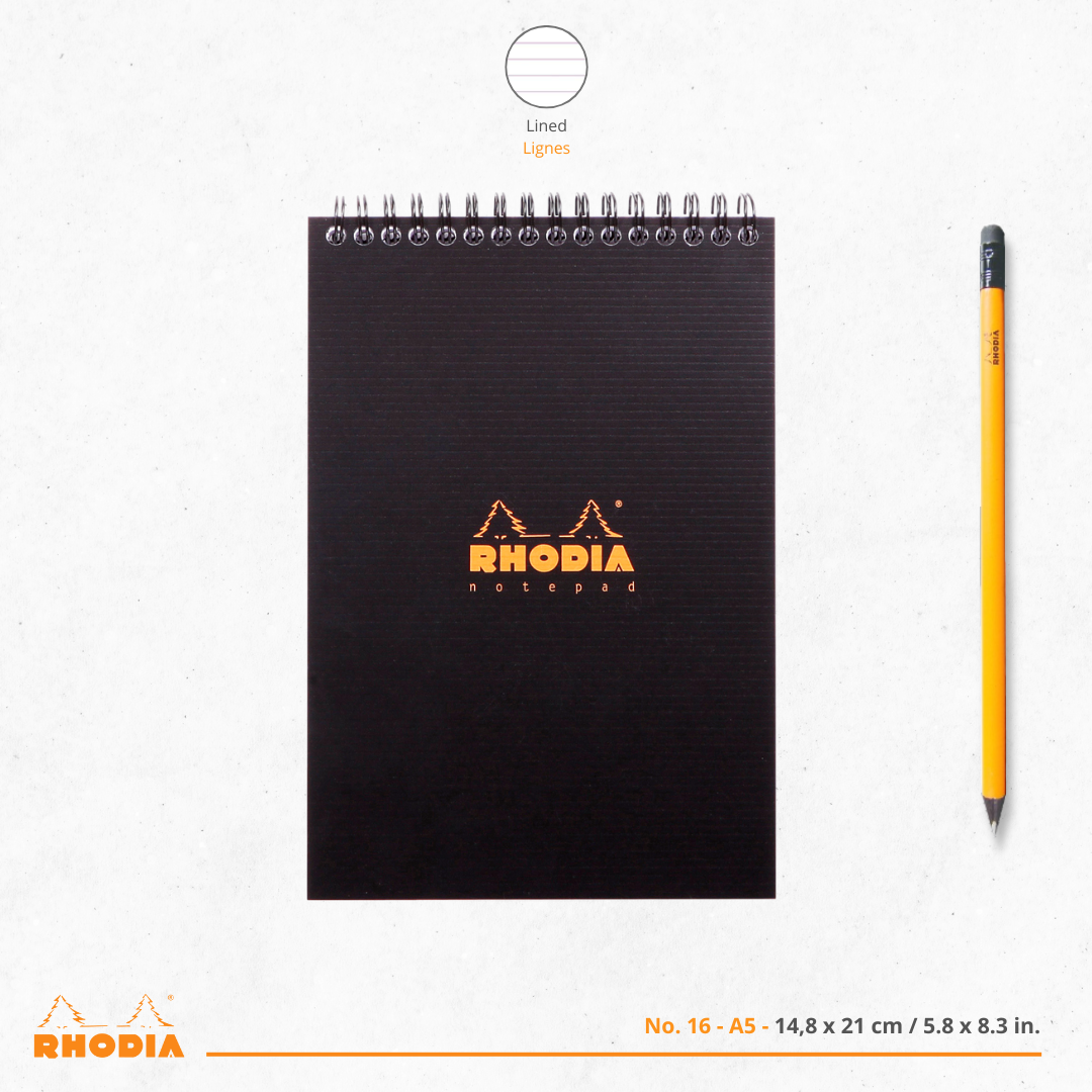 Bloc-notes reliures spirales ligné -noir- A5. 80 feuilles (14.8x21cm) RHODIA