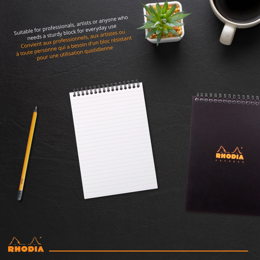 Bloc-notes reliures spirales ligné -noir- A5. 80 feuilles (14.8x21cm) RHODIA