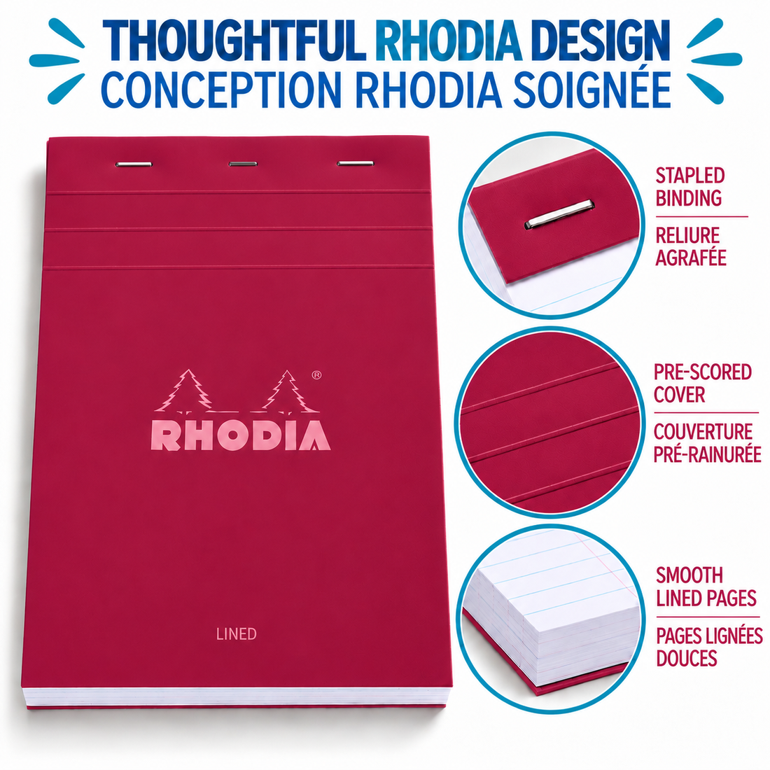 Bloc-notes Rhodia Couleurs ligné prune agrafé 80 feuilles N°18 - RHODIA