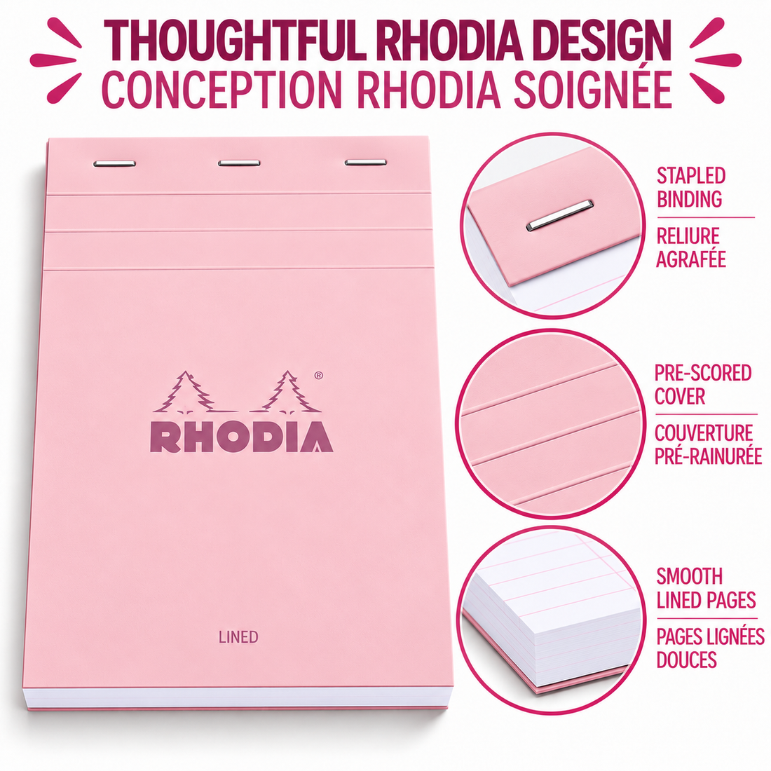 Bloc-notes Rhodia Couleurs ligné rose agrafé 80 feuilles N°18 - RHODIA