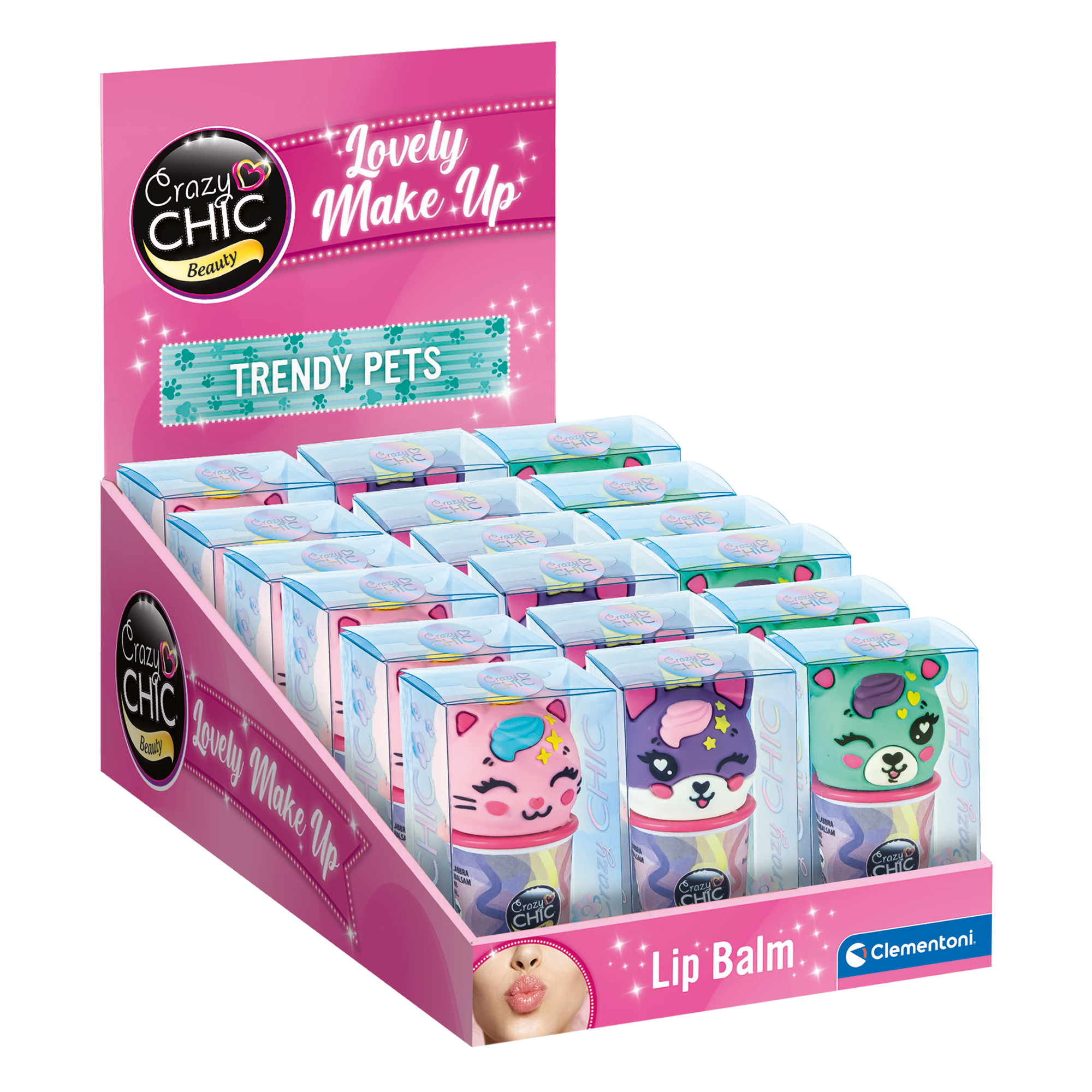 CRAZY CHIC: LOVELY BAUME À LÈVRES - ANIMAUX DE COMPAGNIE TENDANCE (VENDU 18 UNITÉS - 3 MODÈLES) CLEMENTONI