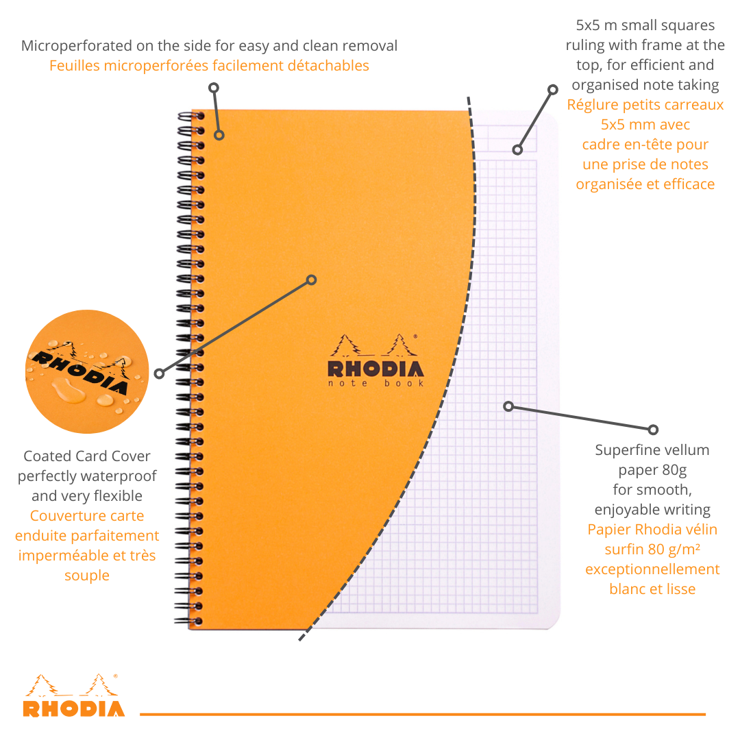 Cahier à spirale 5/5 -orange - A4+.  160 pages (22.5x29.7cm) RHODIA