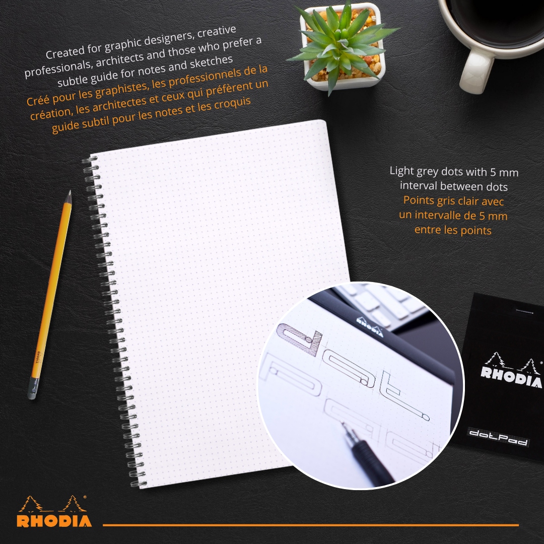 Cahier à spirale dot -noir - A4+. 160 pages (22.5x29.7cm) RHODIA