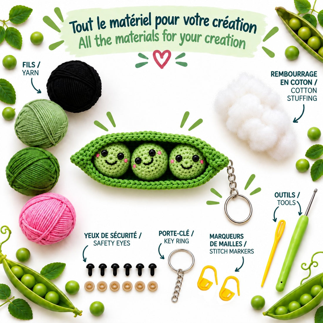 Kit de crochet – Porte-clé Petits Pois en Gousse - PBI ART