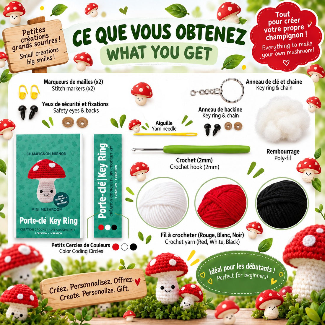 Kit de crochet – Porte-clé champignon mignon - PBI ART