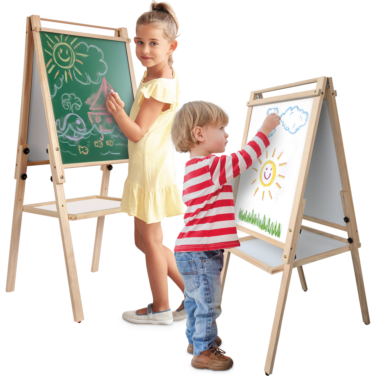 Belleur – Chevalet Enfant Tout-en-un – Bois, 2 Rouleaux Papier, Lettres Magnétiques, 6 Peintures Doigt, Marqueurs, Tableau Blanc/magnétique, Hauteur Réglable 3 Niveaux