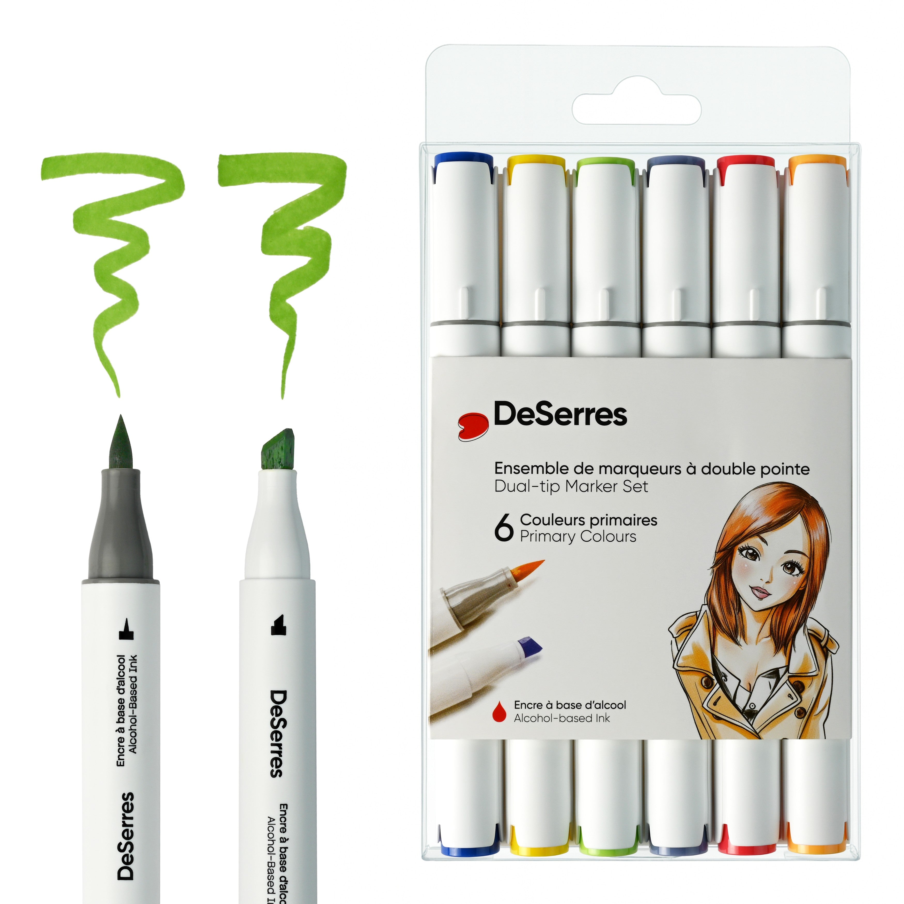 ENSEMBLE MARQUEURS ALCOOL DOUBLE POINTE COULEURS PRIMAIRES - 6 PIÈCES DESERRES