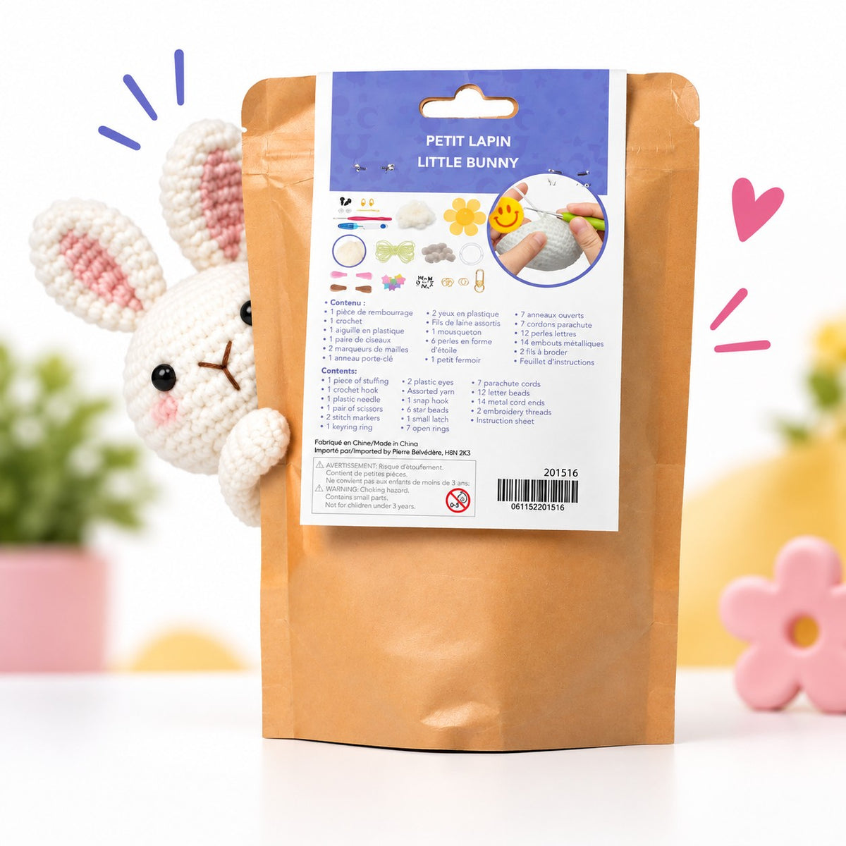 KIT DIY PORTE-CLÉS CROCHET – PETIT LAPIN - PBI ART