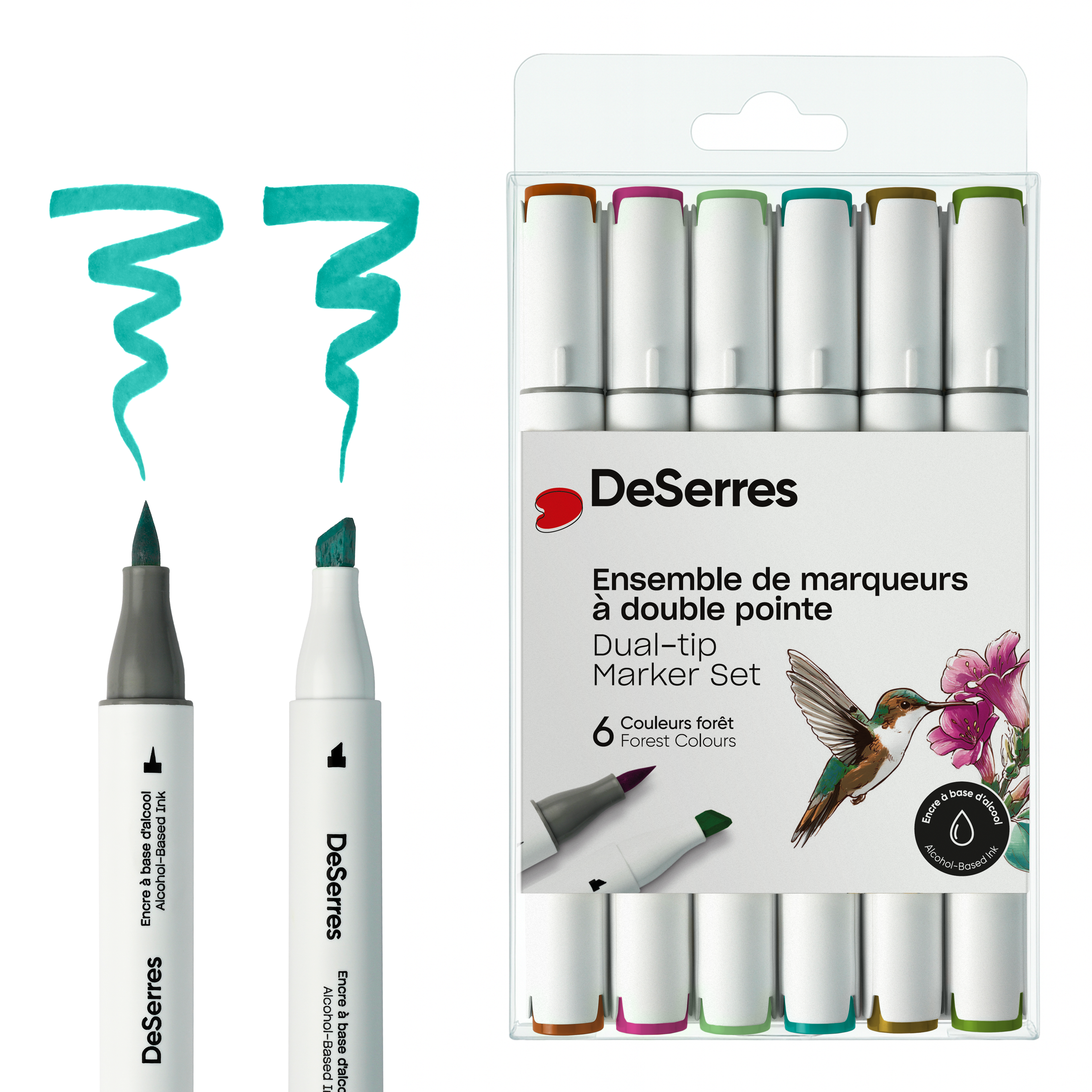 ENSEMBLE MARQUEURS ALCOOL DOUBLE POINTE COULEURS FORET - 6 PIÈCES DESERRES