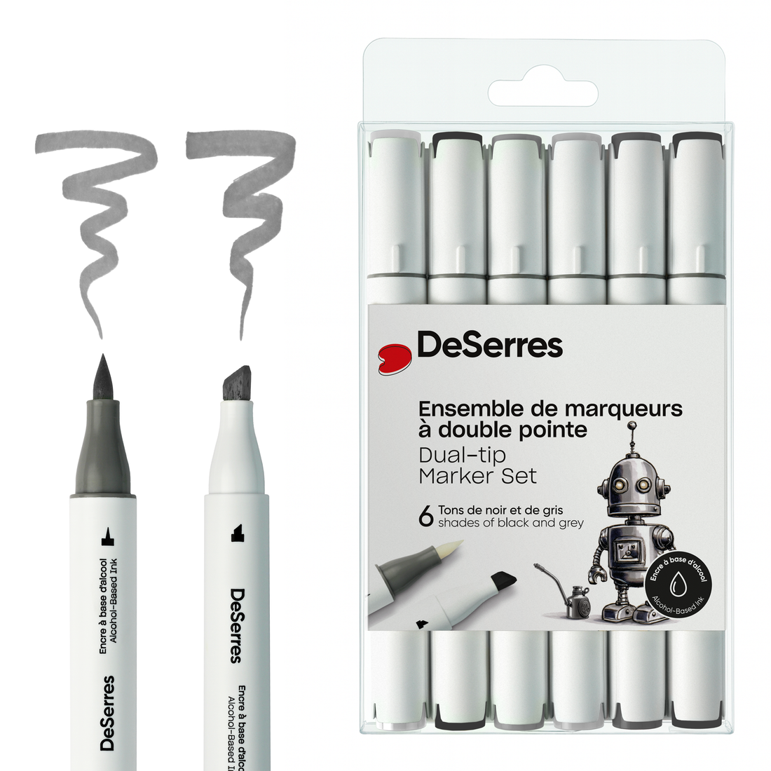 ENSEMBLE MARQUEURS ALCOOL DOUBLE POINTE NOIR ET GRIS - 6 PIÈCES DESERRES