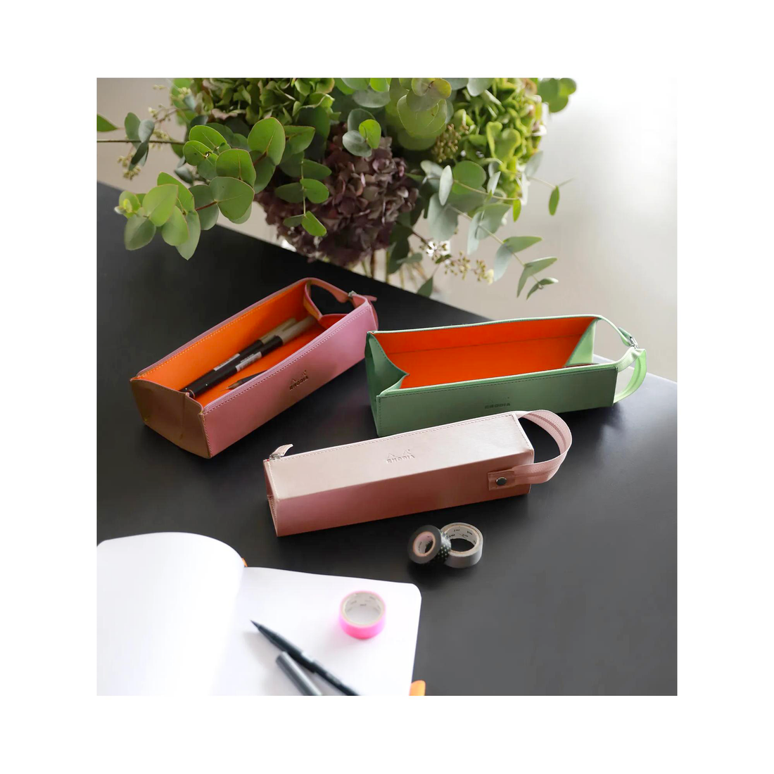 Trousse à crayons rigide à fermeture éclaire simili cuir italien Rhodiarama eau (23x5x5cm)