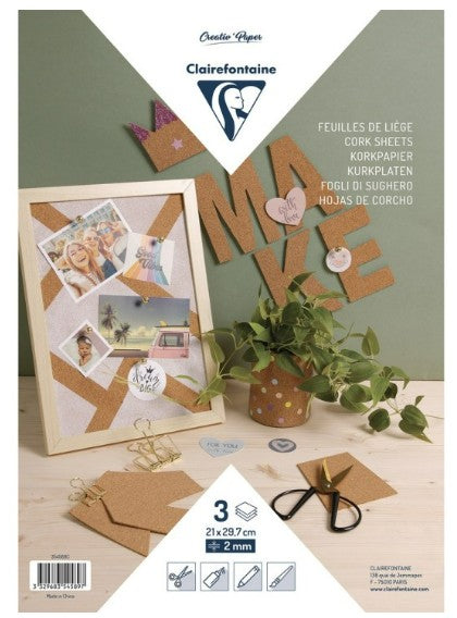 Pack of 3 cork sheets A4, 2mm thickness