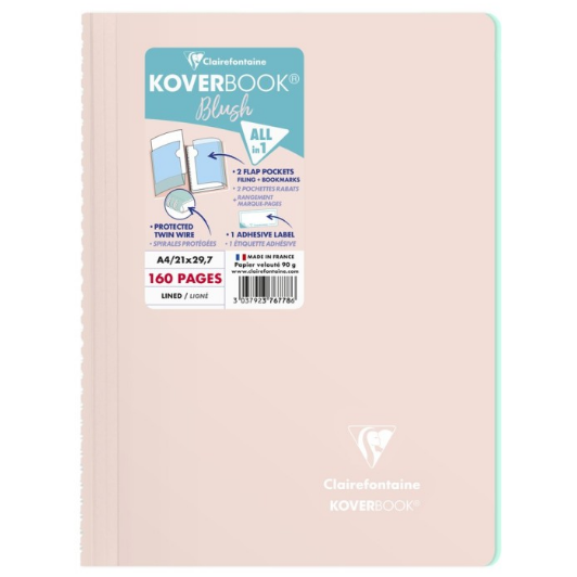 Koverbook Blush carnet polypro reliure intég. ligné-rose poudré- A4. 160 pages (21x29.7cm) CLAIREFONTAINE