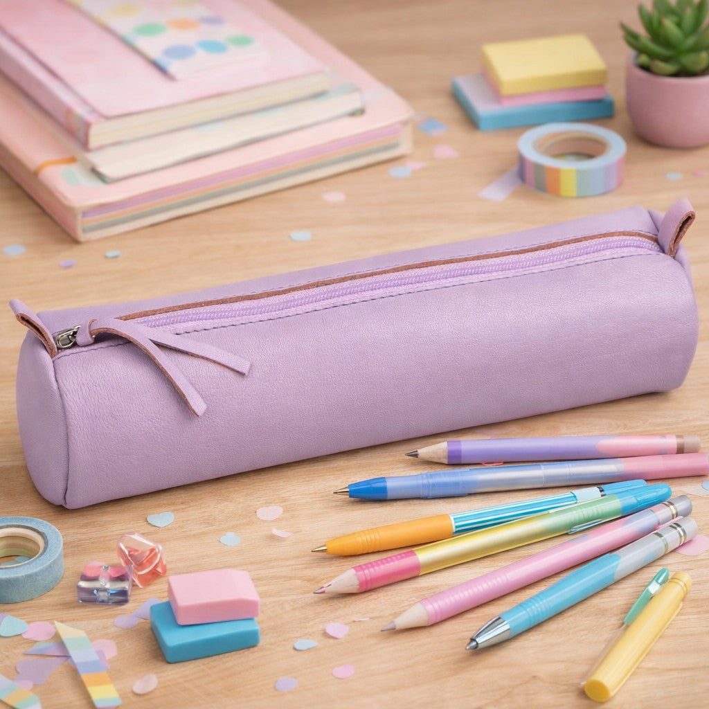 Round Pencil Case Dyed Leather Lilac (2.1x8.6in)