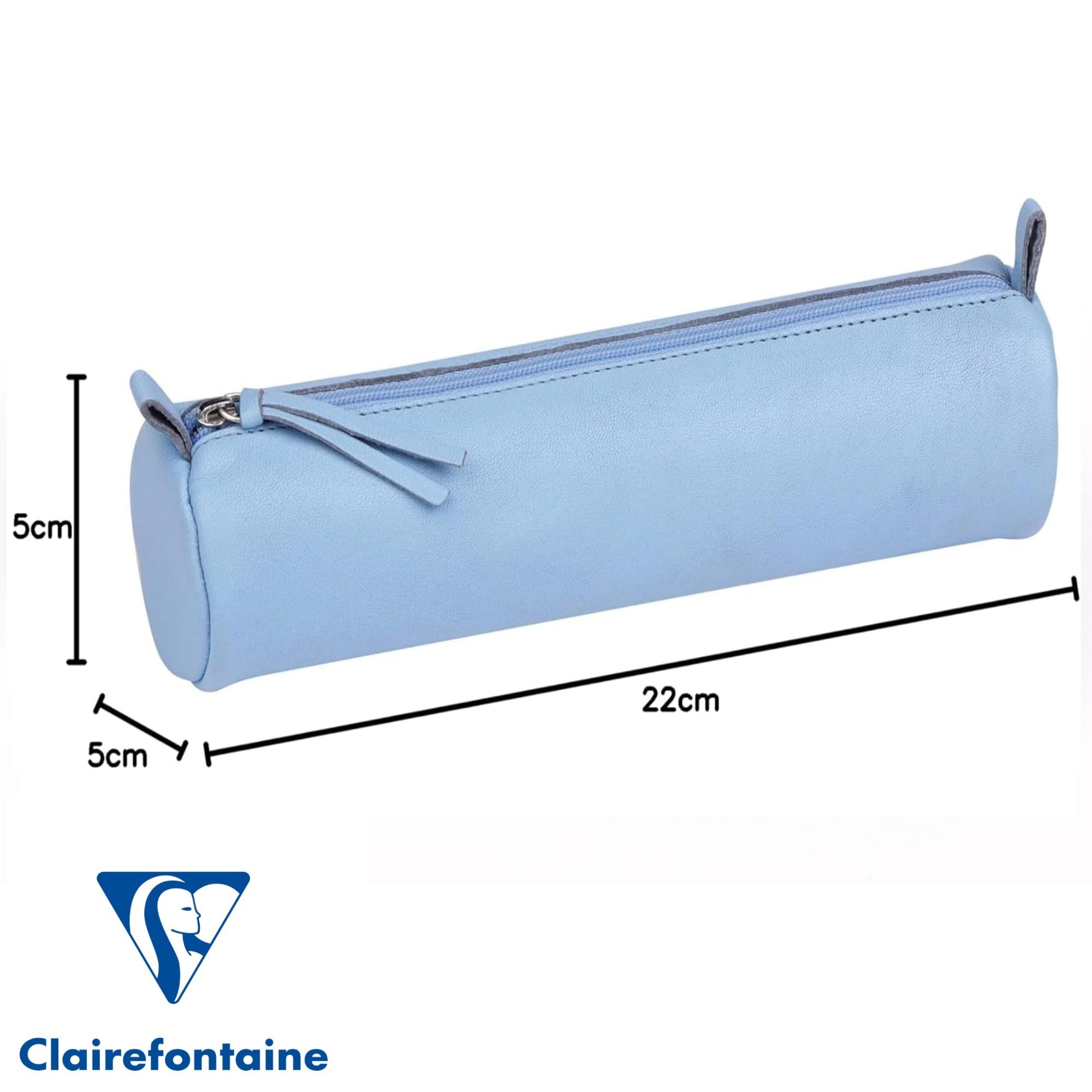 Trousse à crayons ronde cuir teinté bleu ciel (5.5x22cm)