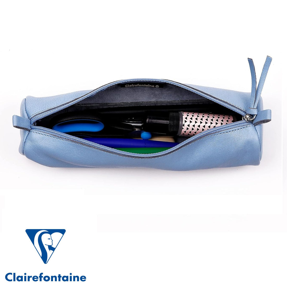 Round Pencil Case Dyed Leather Sky Blue (2.1x8.6in)