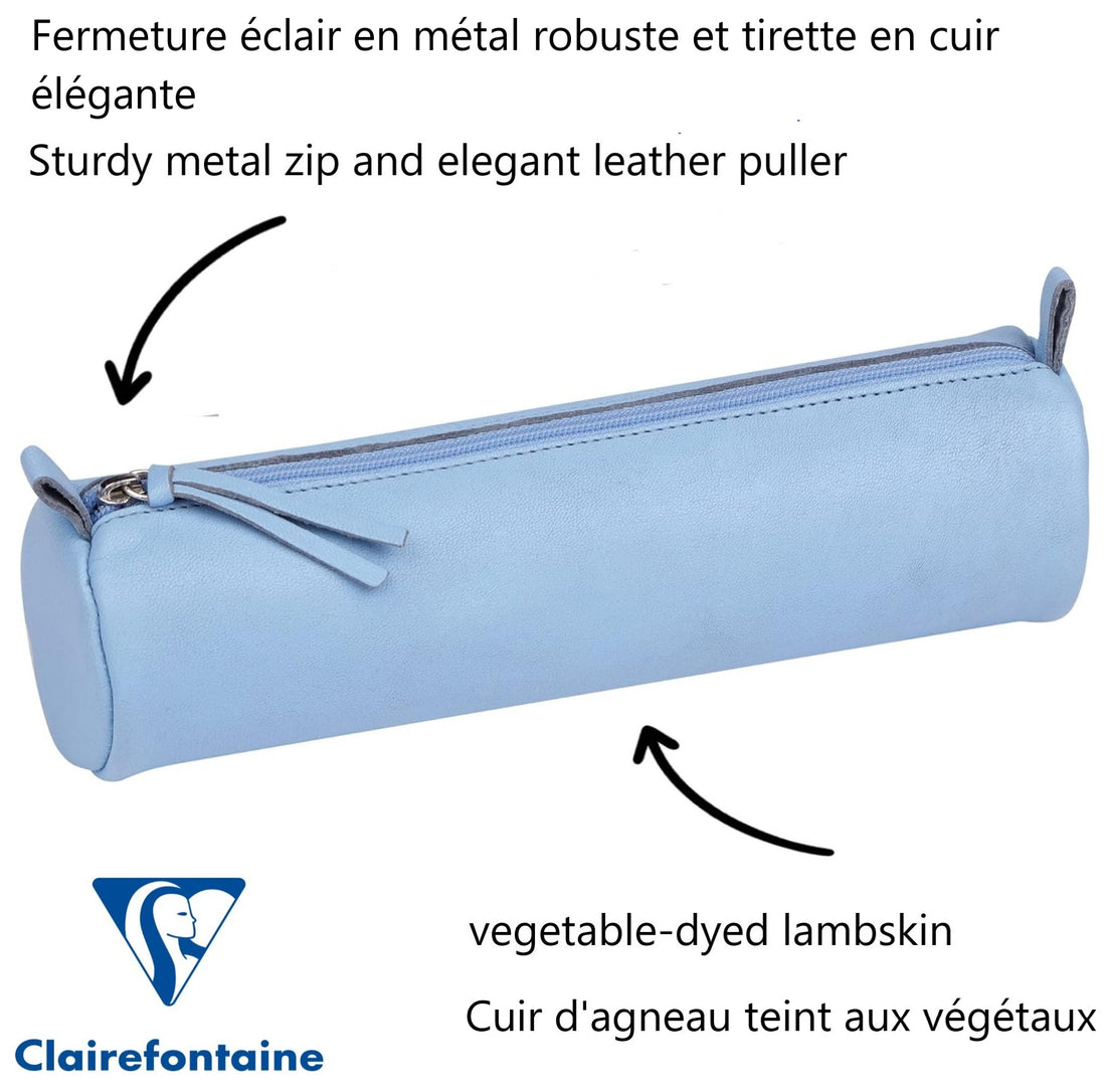 Round Pencil Case Dyed Leather Sky Blue (2.1x8.6in)