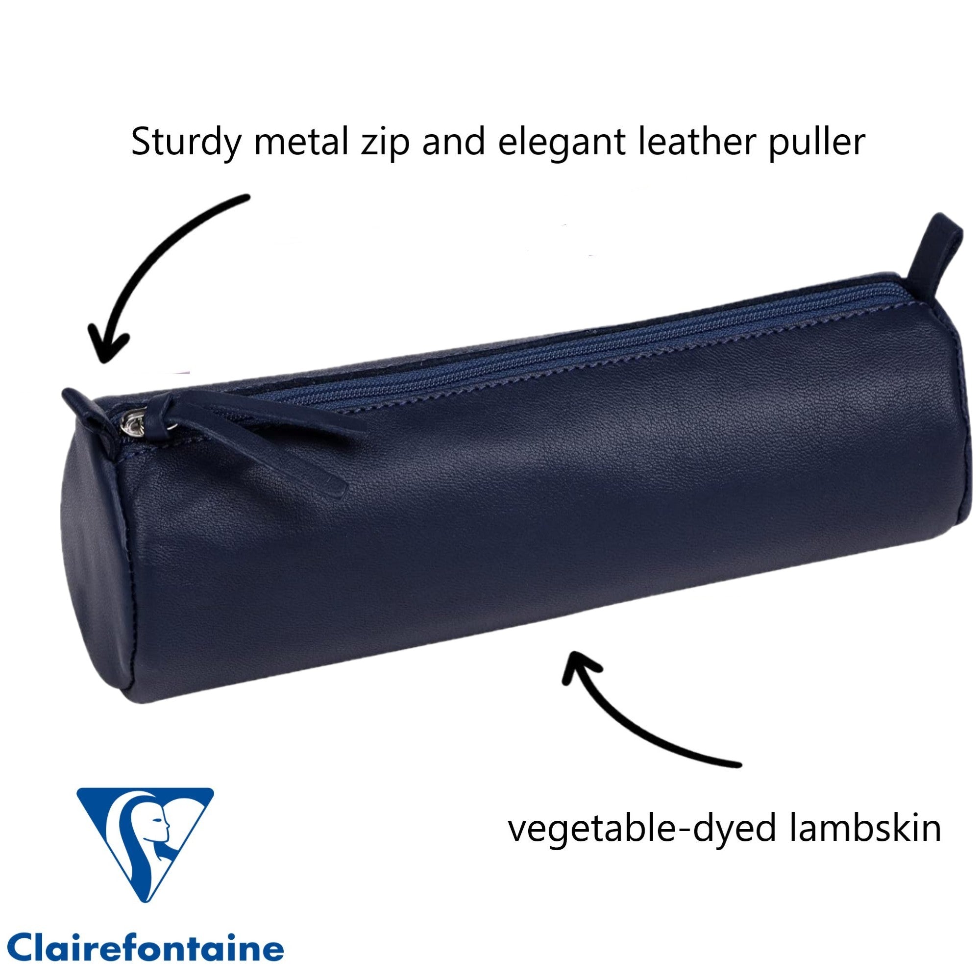 Trousse à crayons ronde cuir teinté bleu foncé (5.5x22cm)