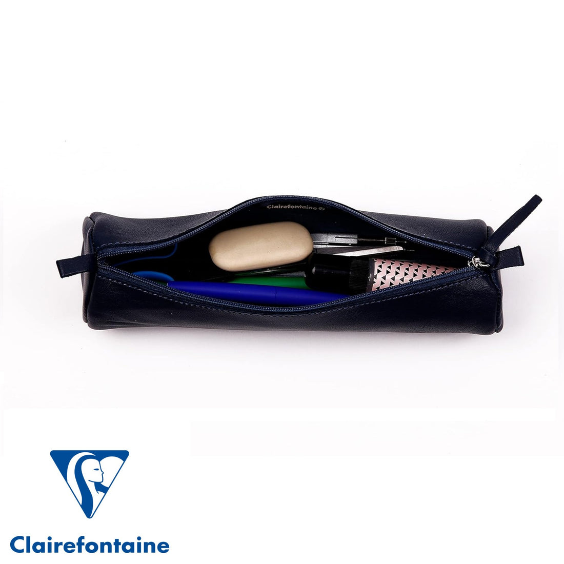 Trousse à crayons ronde cuir teinté bleu foncé (5.5x22cm)