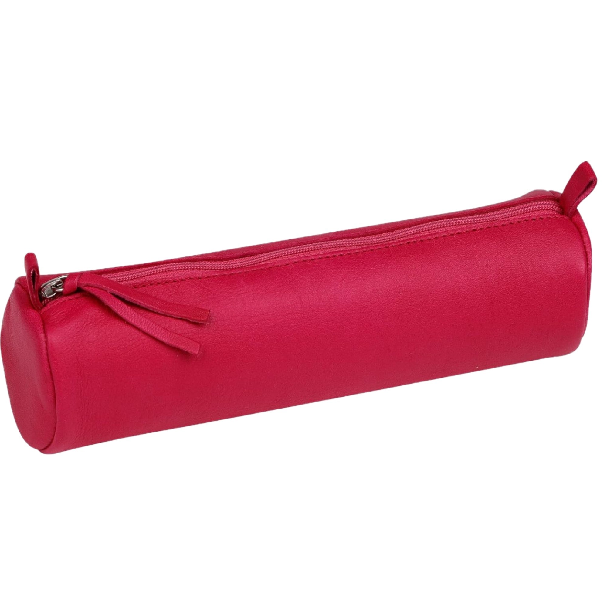 Trousse à crayons ronde cuir teinté framboise (5.5x22cm)
