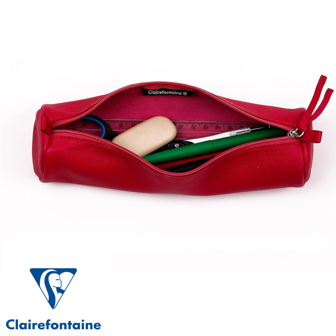 Round Pencil Case Dyed Leather Raspberry (2.1x8.6in)