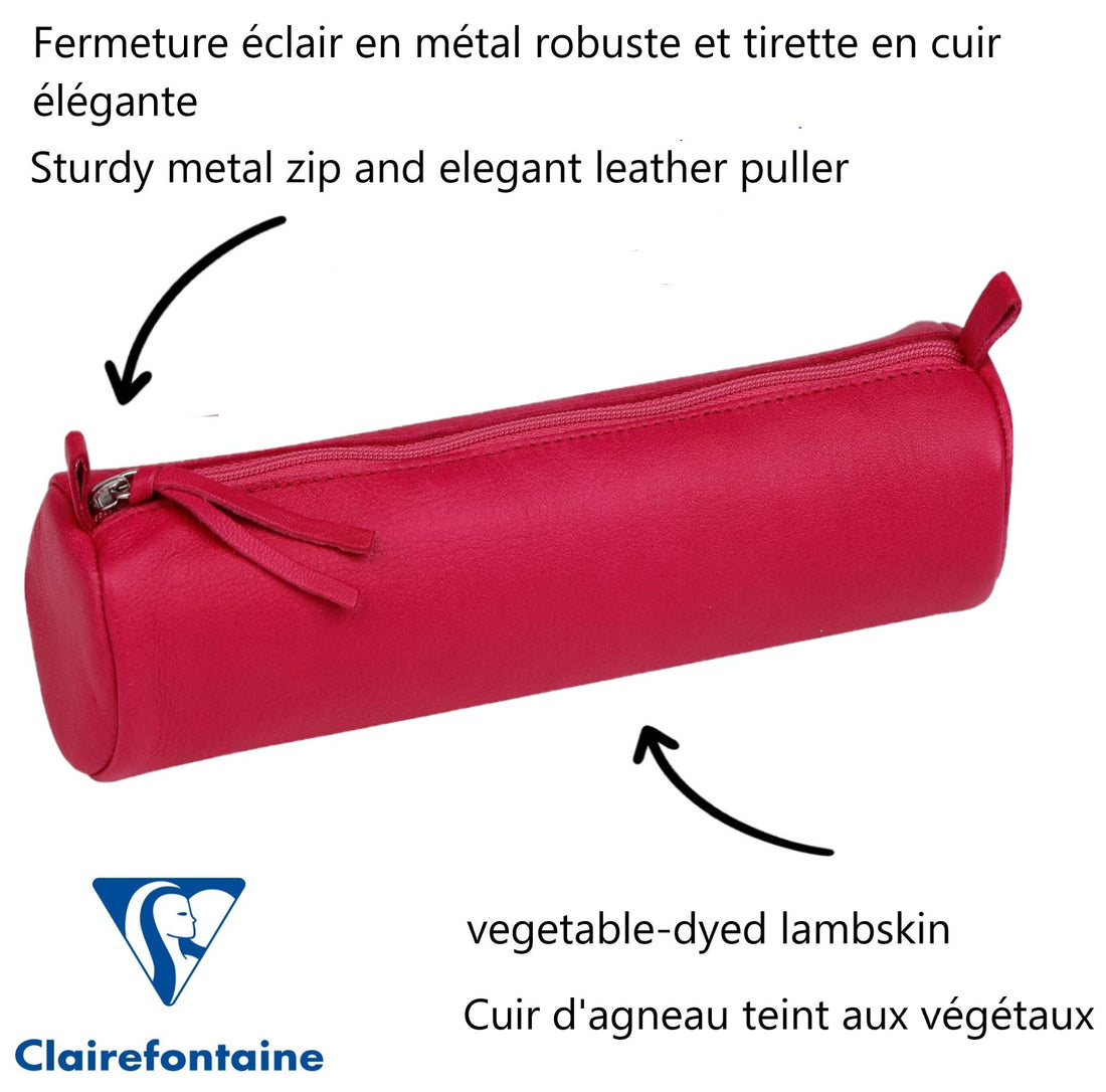 Round Pencil Case Dyed Leather Raspberry (2.1x8.6in)