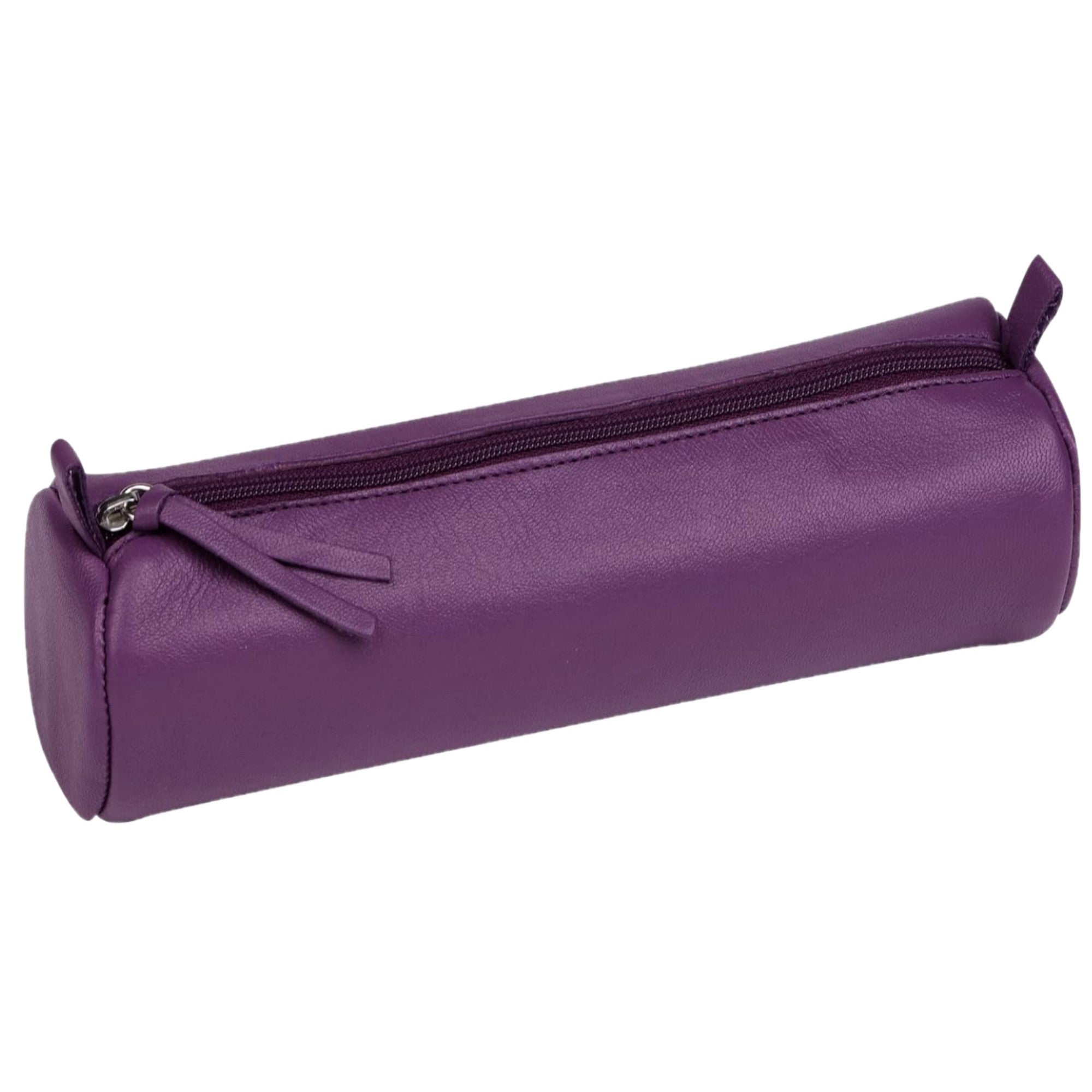 Trousse à crayons ronde cuir teinté violet (5.5x22cm)